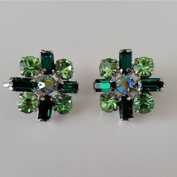Earrings Silver Tone Green Crystal Clip On Earrings #0086 - Picture 9 of 10